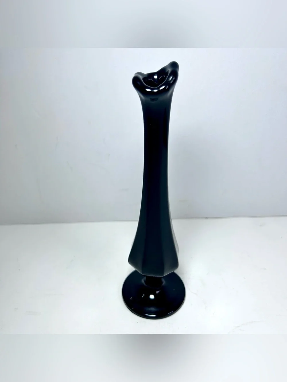 Fenton Black Glass Swung Bud Vase 8” MCM